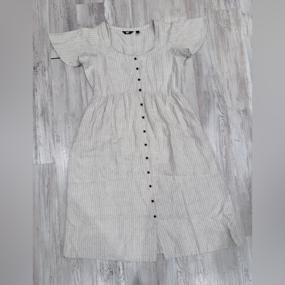 Lands' End Beige and White Striped Linen-Blend Midi Dress